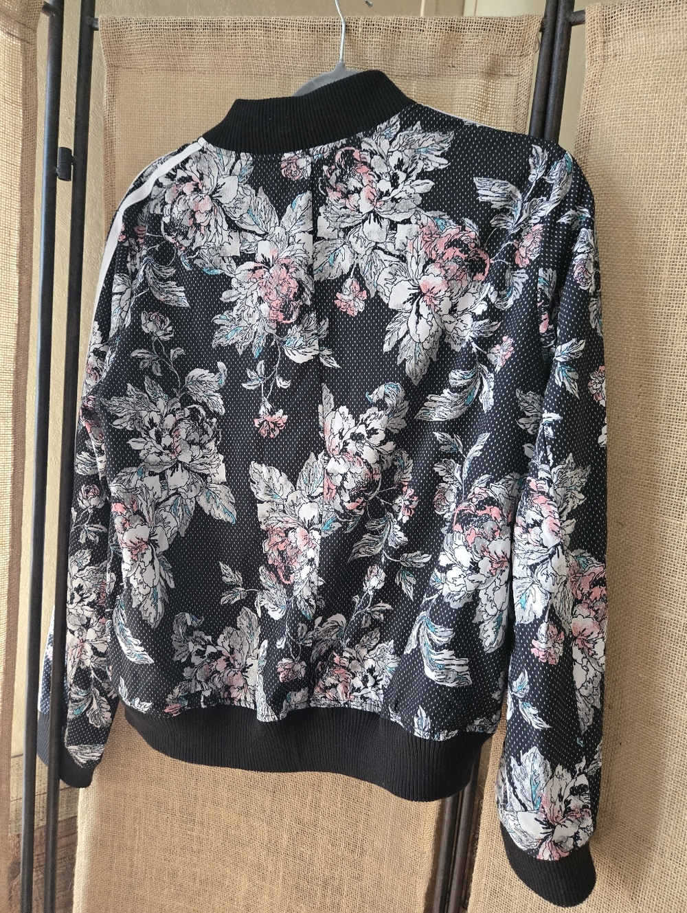 Women's Inspired Hearts Floral Polka Dot Stripe Zip Bomber Jacket - Black/Multi - Picture 12 of 13